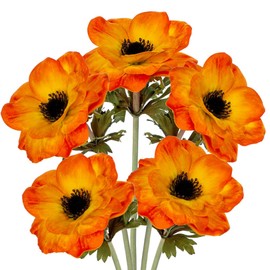 5Pcs Anemone Flowers Artificial Silk Flowers 20.9" Orange Faux Flowers Realistic Fake Flowers for Decoration Faux Poppies Anemone Artificial Flowers Bulk for Vase Centerpieces Home Wedding Bouquet