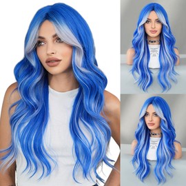 TRUMOST Blue Platinum Blonde Highlight Long Wavy Wig with Curtain Bang 26 Inch Ombre Blue Blonde Wig Synthetic Heat Resistant for Women Daily Party used.
