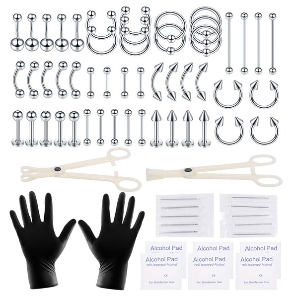 Xpircn 70PCS Piercing Kit Stainless Steel 14G 16G Lip Nose Tongue Tragus Cartilage Daith Eyebrow Belly Button Rings Body Piercing Tools