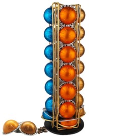 Meelio Coffee Vertuo Pod Holder Carousel Stand for 28 Nespresso Vertuo Capsule Storage Organizer with Extra Space for Coffee Mate Silent Rolling，Gold