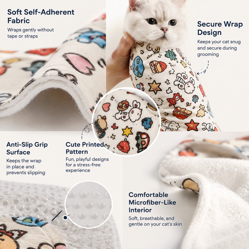 Cat Grooming Wrap for Nail Trimming – Self-Adherent Swaddle Cloth
