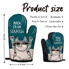 Made from Scratch Funny Green Oven Mitts with Hanging Loop and Silicone Non-Slip, Cat Lover Cooking Baking Kitchen Utensils 2-Piece Set, Gifts for Bake Lover Chef Cat Owner BFF Sister