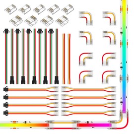 BTF-LIGHTING FCOB COB 12mm 3Pin Connector Kit,L-Shaped Connector,Dual-End with Wire,Strip to JST,Gapless Connector,Wire to Strip,3Pin 22AWG Wire/JST Connector for WS2811 IC RGB 720LEDs/m COB LED Strip
