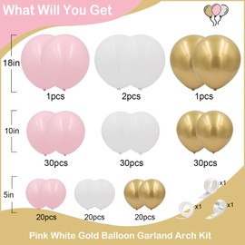 Pink and White Gold Balloons Arch Kit,154pcs 18/10/5inch Pastel Pink White and Metallic Gold Latex Balloons for Women Girls Birthday Baby Shower Wedding Bridal Shower Party Decorations