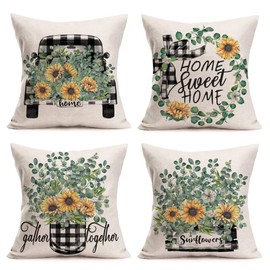 Easternproject Green Leaves Yellow Sunflower Pillow Covers 22x22 Inch Black White Buffalo Plaids Truck Home Sweet Home Decor Throw Pillow Cases Set of 4 Summer Plants Gather Together Pillows