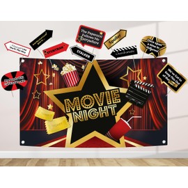 Movie Night Party Decoration Kit - includes Photography Backdrop & 10 Studio Selfie Photo Booth Props with Sticks - Cinema Popcorn Theme Studio Background Banner Birthday Supplies