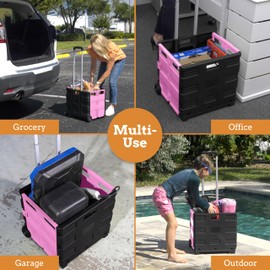Inspired Living Ultra-Slim Rolling Collapsible Storage Pack-N-Roll Utility-carts, with Telescopic Handle, for Home, Garden, Shopping, Office, School use, Large, Pink & Black