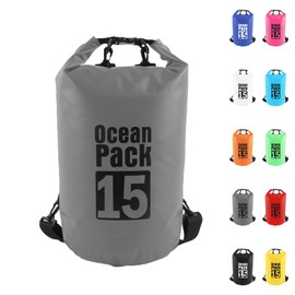 Dry Bag 15L, Boat Dry Bags Grey Waterproof Bag Dry Sack Roll Top Long Adjustable Shoulder Strap 2L/5L/10L/20L/30L/40L for Drifting Boating Kayaking Fishing Rafting Swimming Camping Canoeing Surfing