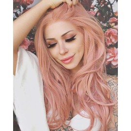 Xiweiya Pastel Pink Wig Long Body Wave Mixed Multi-color Pink Lace Front Wig Natural Looking Heat Resistant Fiber Hair 150% Density Wig For Women 24inch