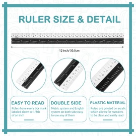 Dunzoom 2 Pcs Easy Read Ruler with Inches 12'' Simple Read Plastic Ruler 30 cm Dual Color Measuring Ruler 300 mm Scale Ruler Converter with Inches, Centimeters and Millimeters, Black White
