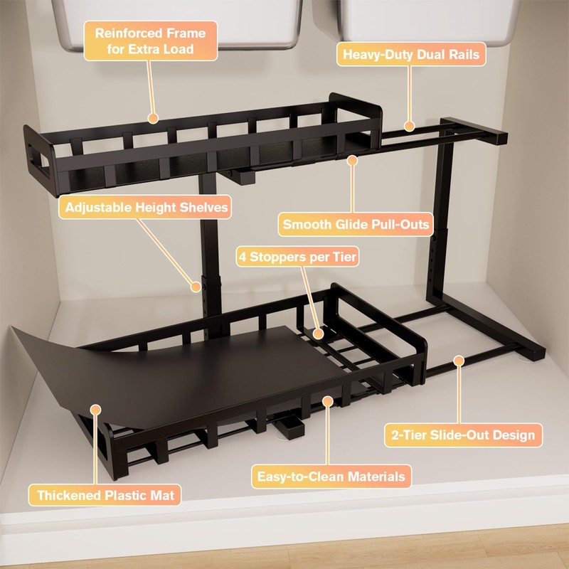 Under Sink Organizer, Metal Large Capacity 2-Tier Sliding Cabinet Storage