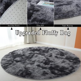 OMGREAT 120cm Round Rug Circle Dark Grey Rug for Kids Room, Plush Fuzzy Rug for Teen's Room, Shaggy Circular Rug for Nursery Room, Modern Furry Carpet Cute Room Decor for Baby