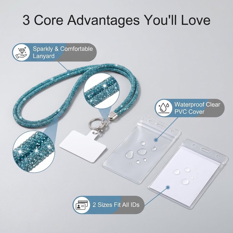 Fashion Sparkle Crystal Rhinestone Neck Lanyard,Bling Badge Holder with 2PCS