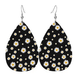 Little Daisy Black Leather Earrings For Women, Double-sided Teardrop Earring, Leaf Dangle Drop Earrings, Art Earrings Jewelry For Beach Party Gift