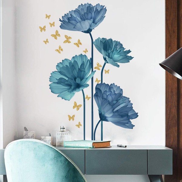 Wall Sticker Blue Flower Painting Style Flower Plant Flower Butterfly