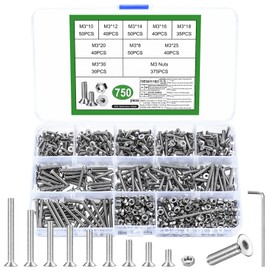 750 Pcs M3 Countersunk Bolts and Nuts Set, Small Stainless Steel Nuts and Bolts, Flat Head Hex Socket Head Cap Screws Set, Machine Screws Assortment Kit (750pcs M3)