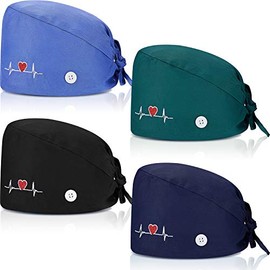 SATINIOR 4 Pieces Working Cap with Buttons, Unisex Bouffant Working Hat with Adjustable Sweatband (Black, Blue, Navy Blue, Dark Green)