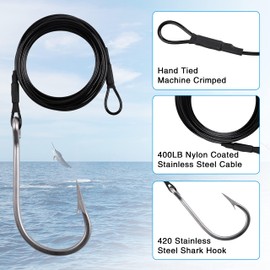 Shark Hook Fishing Rigs, Fishing Stainless Steel Fishing Hooks 400lb Nylon Coated Cable Leader Rigging, Hand-tied Crimped, Saltwater Fishing Tackle (12/0-3pcs)