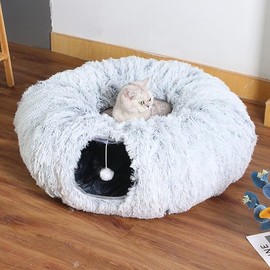 Cat Tunnel Bed with Washable Cushion, Cat Tunnels for Indoor Cats, Collapsible Cat Donut Tunnel for Medium & Large Cat, Peekaboo Cave Toy, Gray
