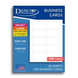 Heavyweight White Blank Business Card Paper - 20 Sheets / 200 Business Cards - 80lb Cover / 218 gsm - Inkjet & Laser Printer Compatible - Standard 3.5 x 2 Inches