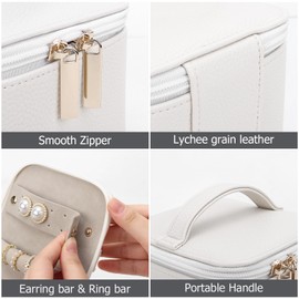 DesignSter Small Jewelry Box, Travel Small Jewelry Organizer with Earring Tray and Ring Holder, Square Travel Jewelry Storage Case with 6 Velvet Jewelry Pouches, Beige