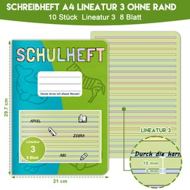 Pack of 10 Writing Books A4 Line Style 3 Without Margin Notebook Line Style 3 German Exercise Book 1st and 2nd Grade 8 Sheets Exercise Book A4 Lined 3rd Grade for Back to School Children School and