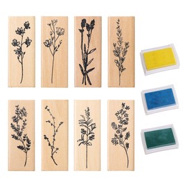 8 Pieces Of Wooden Flower And Plant Stamps, 3 Pieces Of Color Ink Pads, Clay Stamps, Rubber Stamps, Stamp Set, Stamp Flowers