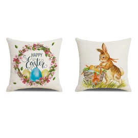 Meagtlva Rabbit Easter Pillow Covers 18x18 Set of 2 Easter Throw Pillow Covers for Home Decor with Patterned Eggs Bunny, Linen Pillow Case for Sofa Couch Bed (02E)