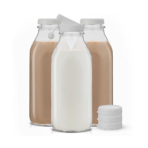 JoyJolt JoyJolt Glass Milk Bottles with Lids and Pourer C