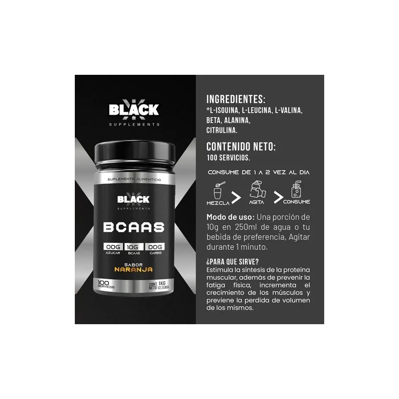 Aminoácidos Bcaas Black 1 Kg Sabores 100 Servicios