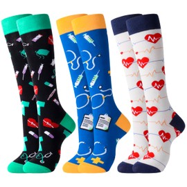 Belloxis Nurse Gifts Nurse Socks Caregiver Gifts 3 Pairs Socks Women 39-42 Cotton Knee Socks Gifts for Nurses, multicolor nurse, 39 - 42