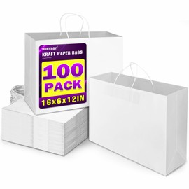 BURVAGY 16x6x12 Inch 100 Pcs Kraft Paper Bags with Handles Bulk, Kraft Shopping White Large Recycled Gift Paper Bags with Handles for Small Business, Retail,Boutique,Grocery