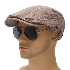 ZLYC Men Cotton Flat Cap Summer Scally Ivy Gatsby Newsboy Beret Driver Cabbie Hunting Hat (Plaid Coffee)