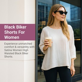 SATINA Women’s Biker Yoga Shorts – 8-Inch High Waist with Pockets, Buttery Soft Peach Skin Fabric – Stretchy, Moisture-Wicking, Tummy Control Activewear – Black, Medium – Regular & Plus Sizes