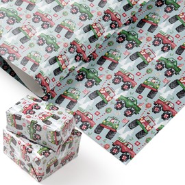 PlandRichW Monster Truck Christmas Wrapping Paper - Colorful Monster Trucks with Xmas Trees & Holiday Patterns - 40×28 Inch Xmas Gift Wrap, 4 Folded Sheets for Kids & Adults