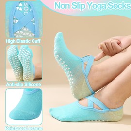 Guiqulai 4PCS Yoga Pilates Grip Socks Non Slip Socks for Women Ladies, Cotton Breathable & Comfortable, Blue Pink Yellow, CA 5-8