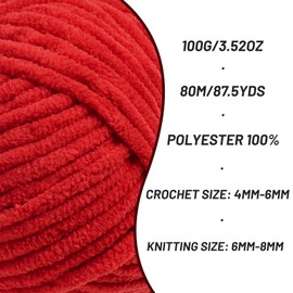 Chunky Chenille Yarn for Crocheting, Baby Yarn for Crocheting Soft Blanket, 87.4 yds /3.5 oz Crochet Yarn, Bulky 5 Amigurumi Yarns, Fluffy Velvet Yarns for Knitting Crafts (Red)