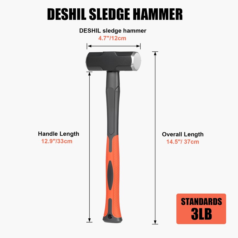 3lb Sledge Hammer - Heavy Duty Drilling Hammer with Forged