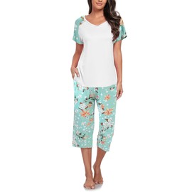 Famulily Cropped Pjs for Women Sets Loose Floral Print Shirt Pjs Nightwear Loungewear With Drawstring White S