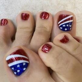 Independence Day Press on Toenails Short Red Glitter Fake Toe Nails Square Shape Glue on Toenails Flag Star Toe Nail Decorations Full Cover Holiday False Toenails with Designs for Women Girls 24PCS