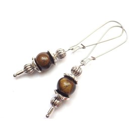 Vintage style Thurcolas earrings in brown tiger eye mounted on fancy stainless steel hoops