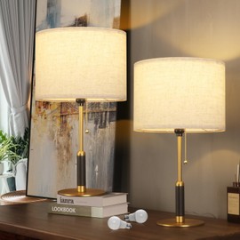 PSDSSHIIS 21" Set of 2 Modern Table Lamp Bedside Lamps for Bedroom Living Room Nightstand Lamp for End Tables 3-Color Temperatures Pull Chain Wood Fabric for Home Office Desk Decor (Light Brown+Brass)