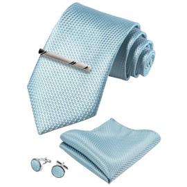 TIE G - Juego de corbatas a cuadros para hombre en caja de regalo negra: corbata y bolsillo cuadrado, gemelos, clip de corbata formal de negocios para boda, B2-dusty Blue Lattice, Modern
