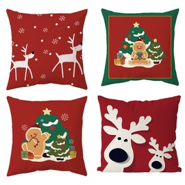 Set of 4 Christmas Square Pillow Covers, Cute Christmas Cushion Covers Set Gingerbread Man Pattern, Christmas Pillow Cases, Xmas Decorative Sofa Cushion Covers 45x45cm (styleB)