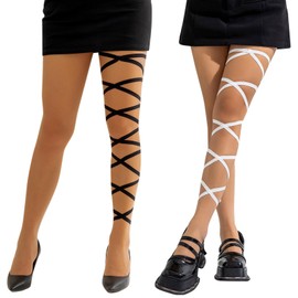 Hftjtsa 4Pcs Leg Wraps Rave Elastic Garter Leg Cross Straps Bandage Music Dancing Slip Tights Straps Outfits Festivals Costume Girls Women(Black+White)
