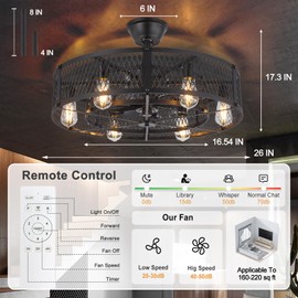 Depuley Outdoor Ceiling Fan with Light: 26" Caged Ceiling Fans with Remote App Control for Patio Kitchen Bedroom - Farmhouse Fandelier Flush Mount Lights Fixture Reversible 6 Speed Timer Black