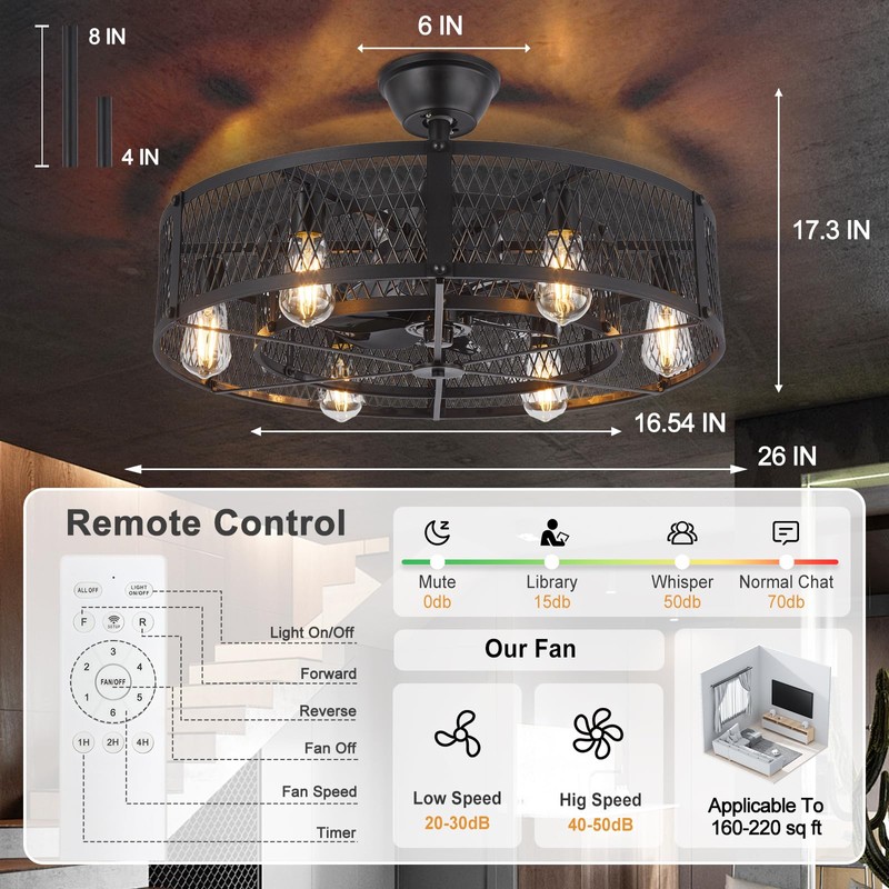 Depuley Outdoor Ceiling Fan with Light: 26" Caged Ceiling Fans