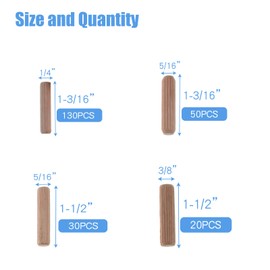 Nihfien 230Pcs Wooden Dowel Pins, 1/4" 5/16" 3/8" Fluted Wooden Dowels Rods Grooved Pins Assortment Kit Hardwood Crafts Dowel Pegs for Table Chair Drawer Cabinet DIY Woodworking
