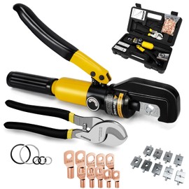 Bosimux 10 Tons Hydraulic Crimping Tool with Cable Cutter, 64PCS Copper Terminals and 9 Dies, Battery Cable Crimper for 12 AWG-2/0 AWG, Hydraulic Wire Crimping Tool for Copper Lugs (Perfect Kit)