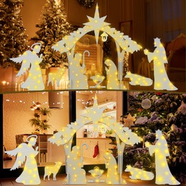 Soaoo Outdoor White Nativity Scene with 2 String Lights Silhouette Yard Sign Display Water Resistant PVC Large Holy Family Yard Nativity Scene Christmas Decor for Xmas Front Lawn
